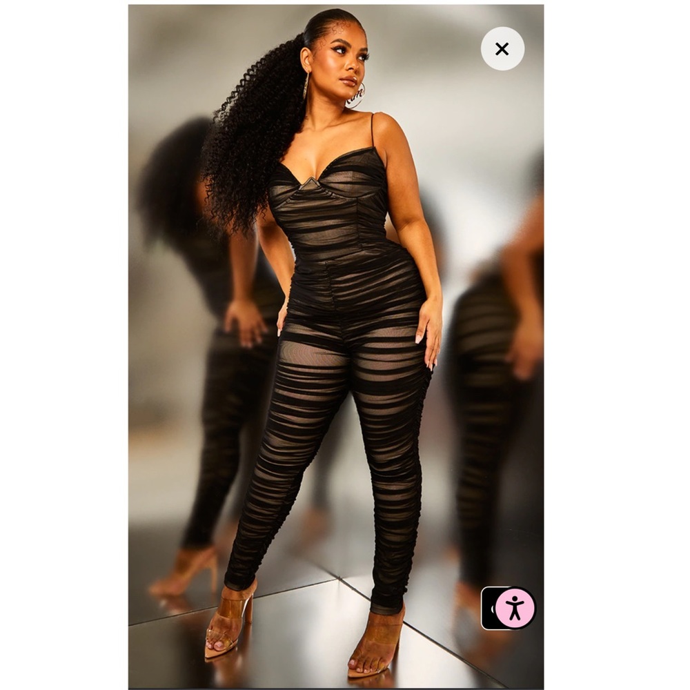 Plus Black Ruched Mesh Underwire Jumpsuit